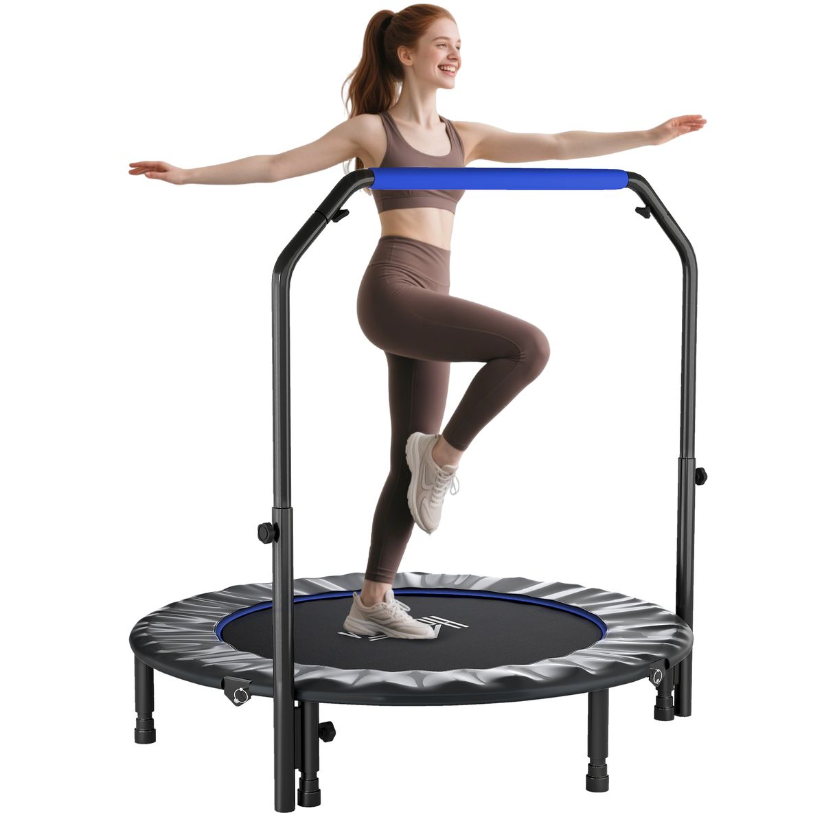 Trampolín De Fitness Adultos Ø122 Cm, Cama Elástica Plegable Con Mango Ajustable De 4 Niveles Y Azul_desvips.com