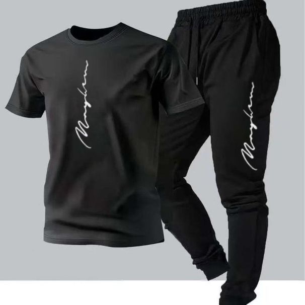 American Style Trendy Brand Printed Summer Suit Short Sleeve T-Shirt + Long Pants Casual Two-Piece Plus Size Men's Full_desvips.com