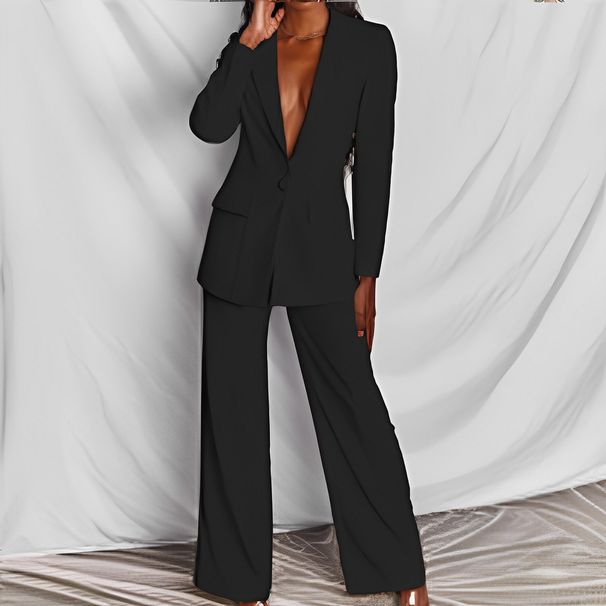 Women's fashion long sleeve suit straight trouser suit_desvips.com