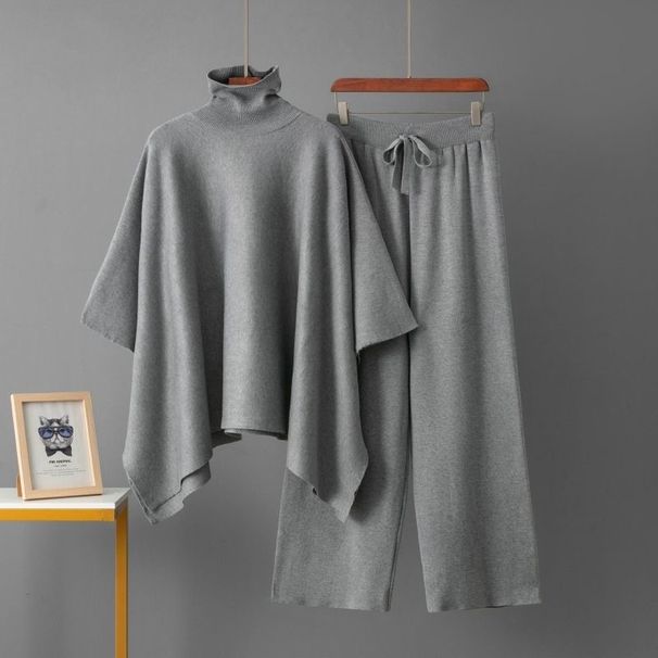 High Neck Fashion Autumn Winter Top Cape Knitwear Loose Elegant Two-Piece Set For Women Ancora Red_desvips.com