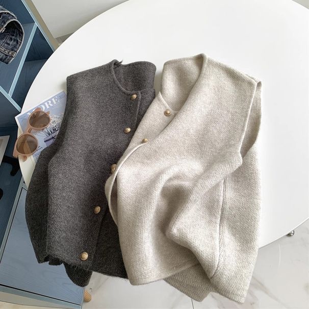 Gentle Single-Breasted Small Gold Button Round Neck Slimming Knitted Vest Korean Style Loose Sleeveless Top For Women_desvips.com