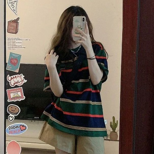 Women's Single/outfit 2025 Summer Casual Sports Shorts Student Outfit With Short-sleeved Striped Two-piece Set Trendy_desvips.com
