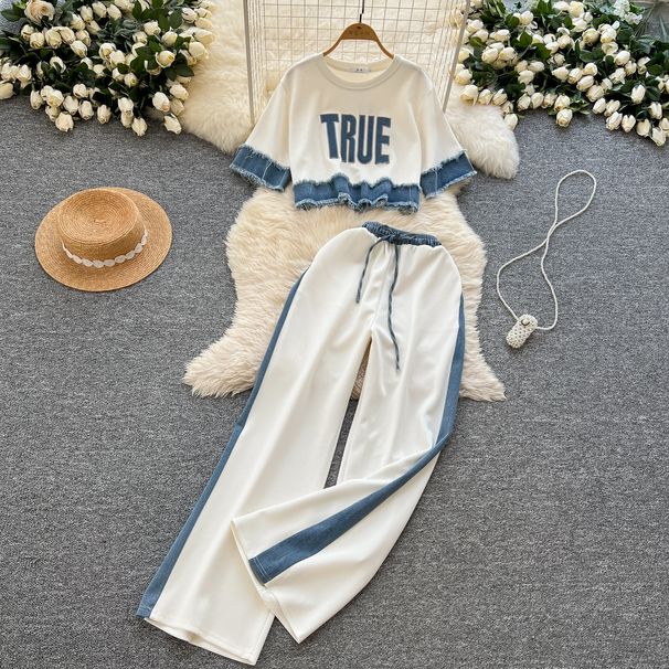 Women's Denim Patchwork Casual Sports Suit 2025 Summer New Style High-End Youthful Versatile Top And Pants_desvips.com