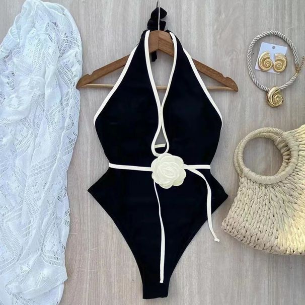 Swimsuit 2026 New Solid Color Hanging Neck Three-dimensional Flower Swimsuit Women's Waist Slimming Beach Bikini_desvips.com