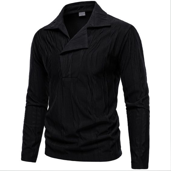 Black French Style Shirt For Men, Long Sleeve, Lazy Pullover, Loose Fit, Autumn Style, Striped, Mature, Casual, Simple_desvips.com