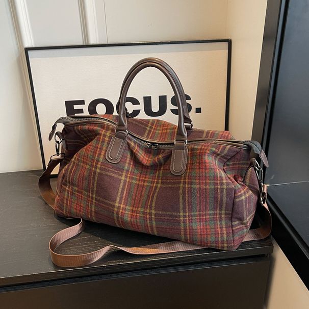Capacity Handheld For Women, Extra Large Vintage Plaid Crossbody Gym Bag, Short Trip Business Travel Luggage Bag_desvips.com