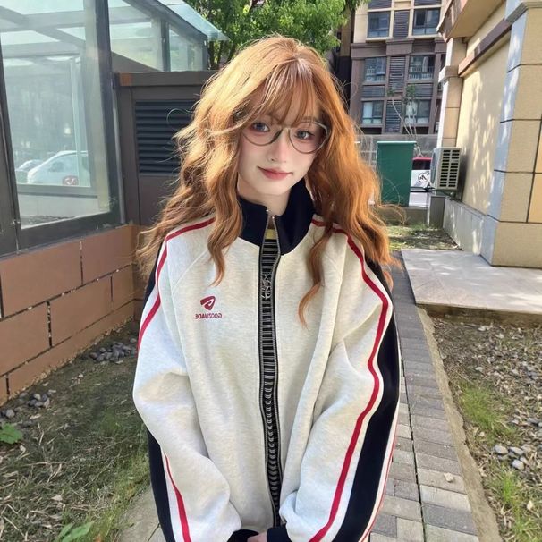 American High Street Color-Block Three-Stripe Sports Stand Collar Sweatshirt Women, Loose Fit Cardigan Jacket For Spring_desvips.com