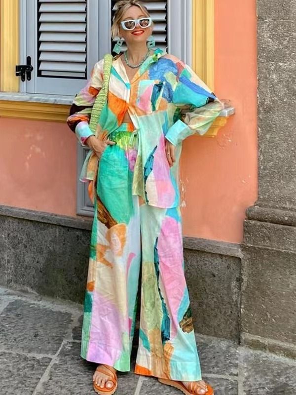 Women's Clothing casual fashion printed shirt collar loose long-sleeved two-piece suit_desvips.com