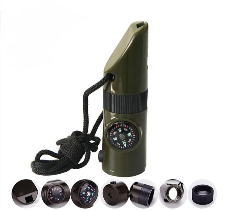 Outdoor Equipment Multi-Function Survival Lifesaving Whistle LED Light Thermometer Compass 7-in-1_desvips.com