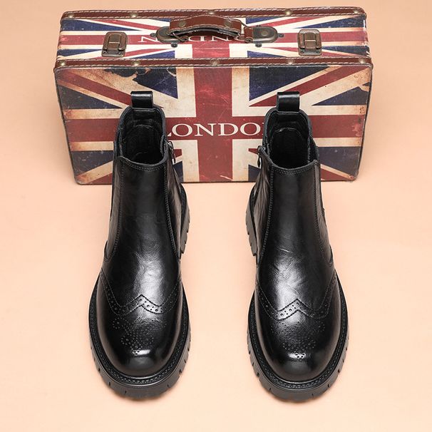 2026 High-End Men's British Style Chimney Carved Pointed Toe Short Casual Black High-Top Martin Leather Boots_desvips.com