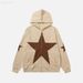 Street oversized loose fitting women's pentagonal star patch embroidered printed hoodie personality zipper sweater men's_desvips.com