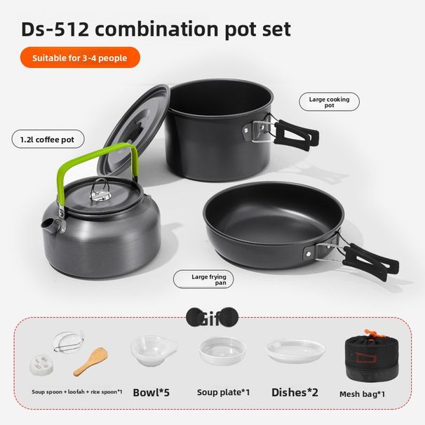 Outdoor DS-512 Aluminum Alloy Cookware Tea Kettle Pot Non-stick Pan Combination Multi-person Portable Set_desvips.com