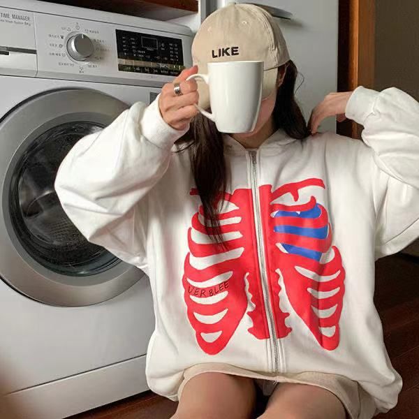 Hoodie Sweatshirt Bone Dark Y2k Zipper Fleece Clothing_desvips.com