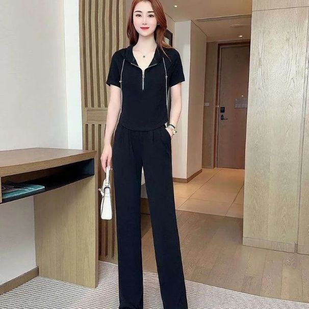 2025 New Fashionable Slimming Ice Silk Wide-Leg Pants Two-Piece Set For Women Summer Thin Casual Sports Suit_desvips.com