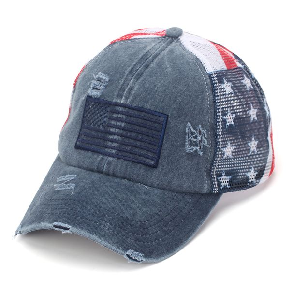 New Cross-border Washed Distressed Baseball With American Flag And Five-pointed Star, Women's High Ponytail Curved Brim_desvips.com