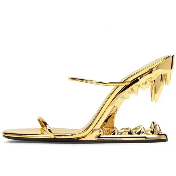 Vampire Teeth Strange High Heels Concise Open Toe Novelty Outside Modern Slippers For Women Summer Fashion Patent_desvips.com