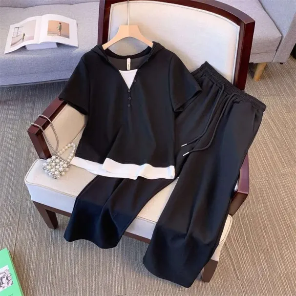 Lazy Style Hooded Color-Block Wide-Leg Pants Set For Women Summer Plus Size Casual Elegant Slimming Two-Piece Trendy_desvips.com