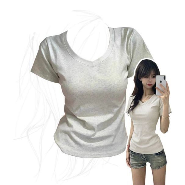 Korean-style White-grey V-neck T-shirt For Women, Summer Chic Slim-fit Pure Cotton Niche Short-sleeve Top_desvips.com