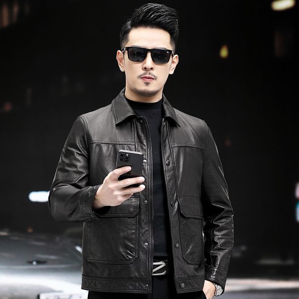 Haining Genuine Men Top Layer Cowhide Oil Wax Short Slim Fit Down Liner Leather Jacket Gray Mink Collar Coat Trendy_desvips.com