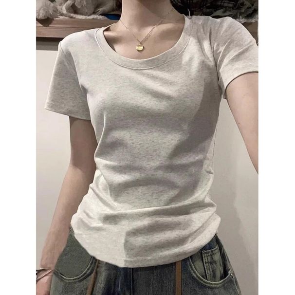 Cotton Short Sleeve T-Shirt For Women Summer Slim Fit Regular Shoulder Solid Color Base Shirt Dopamine Style American_desvips.com
