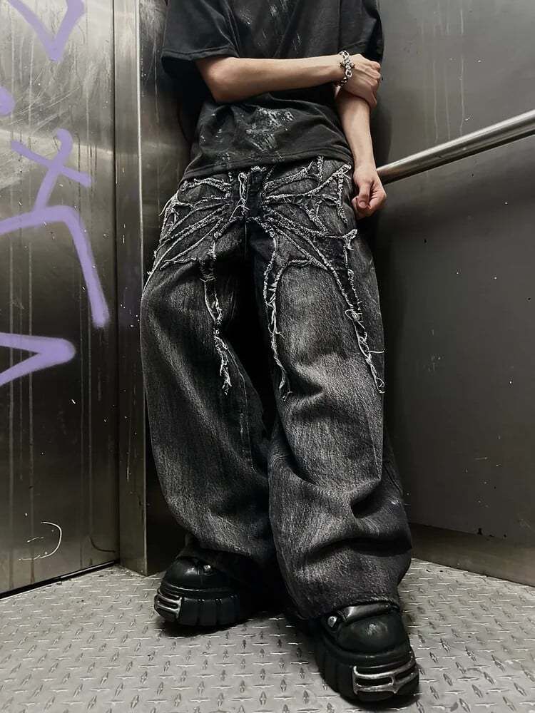 NOKOMETA Street Dark Punk Embroidered Rough Trim Patch Wide Leg Pants Street Loose Trousers Jeans_desvips.com