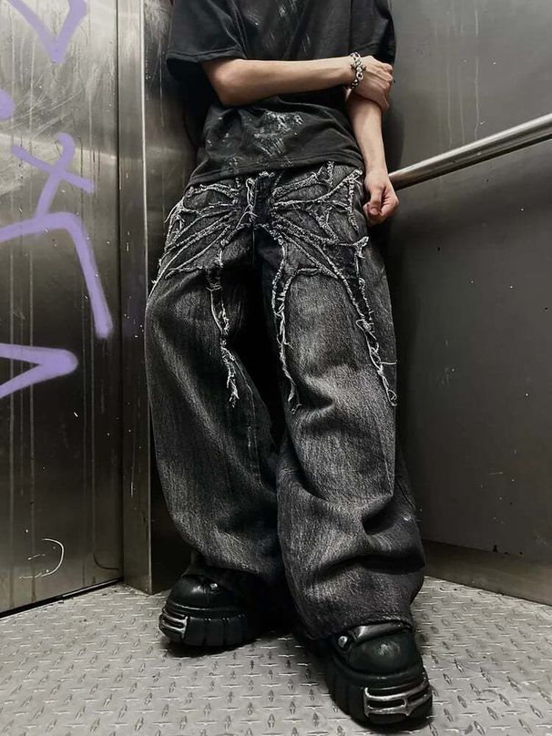 NOKOMETA Street Dark Punk Embroidered Rough Trim Patch Wide Leg Pants Street Loose Trousers Jeans_desvips.com