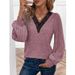 Women's Clothing Autumn and Winter New Solid Color Long Sleeve Lace V neck T shirt Women's Tops_desvips.com