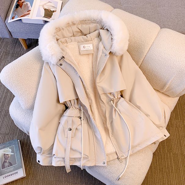 women's Mid Length Waist Cinching Slimming Hooded Big Fur Collar With Plush Cotton In Large Size_desvips.com