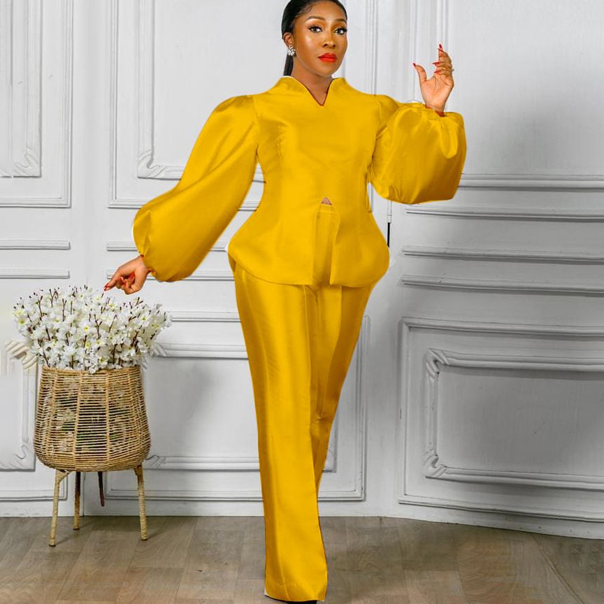 Women's Clothing solid color puff sleeve top wide leg trousers two piece suit women's fashion suit_desvips.com