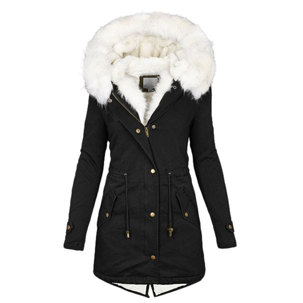 Women's Clothing Women's Autumn And Winter Mid Length Windbreaker White Fur Collar Hooded Warm Plus Velvet Women's Coat_desvips.com