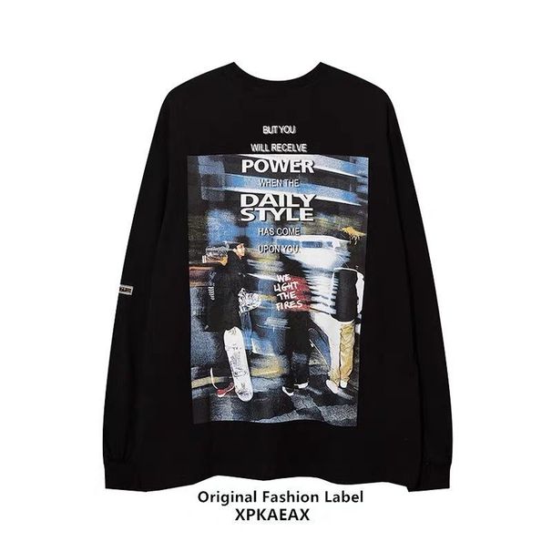 100% Cotton American Hip-Hop Street Cuffed Long Sleeve T-Shirt Unisex Loose Fit Lazy Style Rap Top_desvips.com