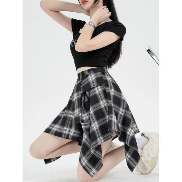 2026 New Cross-Border Design Irregular Plaid Women's High-Waisted Skirt With Bow Tie For Casual Sports_desvips.com