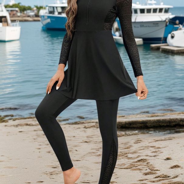 2025 New European American Style Women's One-Piece Swimsuit, Long Sleeve, Fashionable Solid Color, Slim Fit, Simple,_desvips.com