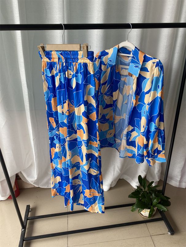 Women's Clothing new fashion printed bubble long-sleeved shirt lace-up wide-leg pants two-piece suit_desvips.com