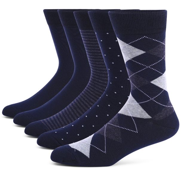 5 Pairs Mens Dress Plus Size,High Quality Combed Cotton Crew Socks,Black Cool Argyle Breathable Casual Socks For Men_desvips.com