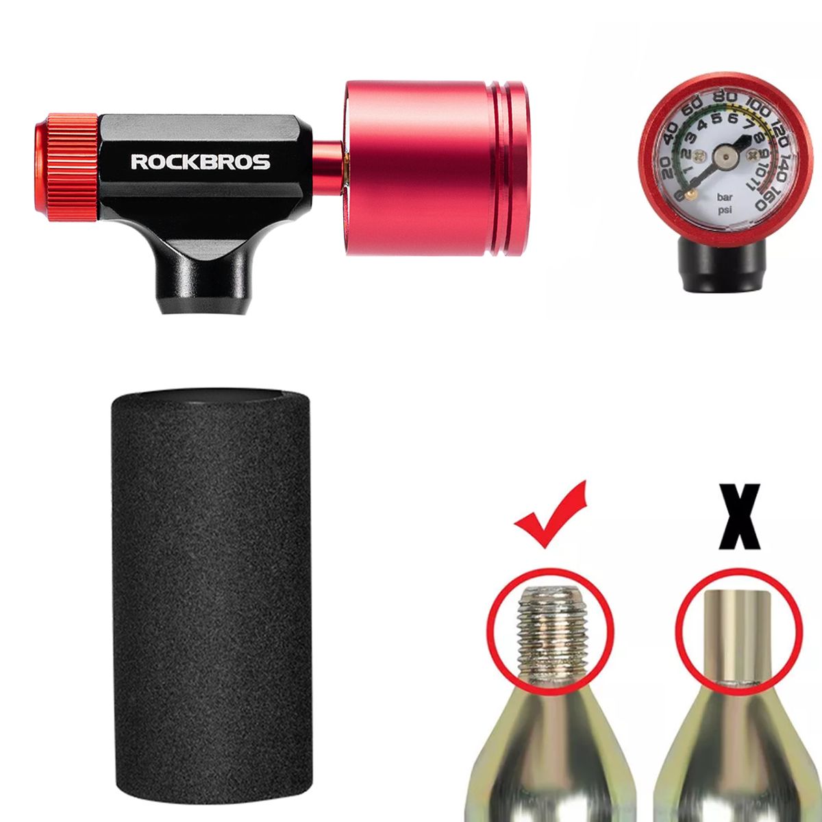 ROCKBROS Portable Mini CO2 Pump Aluminum Alloy Bicycle Pump With Pressure Gauge_desvips.com