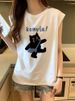 White Sports Vest For Women With Cartoon Print, Loose Design, Niche Sweet Cool Mid-Length Sleeveless T-Shirt Top Chic_desvips.com