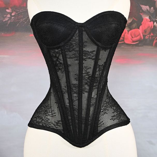 Women Mesh Busiter Overbust Cups Push Breast Floral Bodice Tansparent Strapless Crop Tops Lace Up Steel Boned Corset_desvips.com