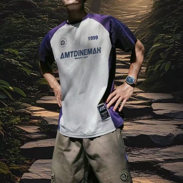 American Style Color-Block Shoulder Short Sleeve T-Shirt Patchwork Basketball Training Sports Summer Round Neck Running_desvips.com