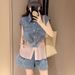 Casual Sports Suit For Women, Summer Street Style, Youthful Trendy, Petite Denim Patchwork Sleeveless Vest And Shorts_desvips.com