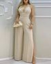 Women'S Beige halterneck lace patchwork slit jumpsuit_desvips.com
