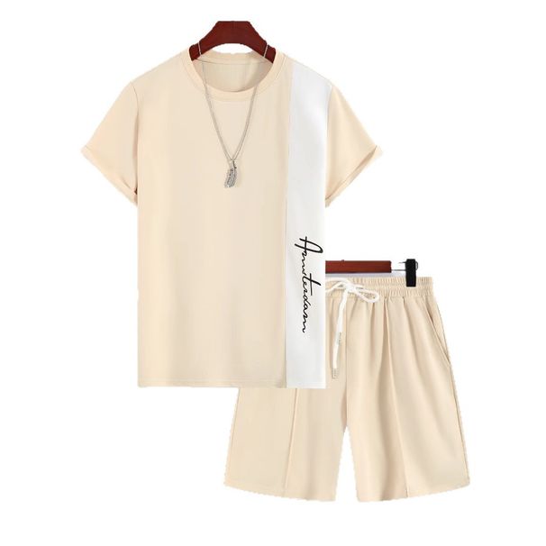 European American Foreign Trade Summer New Simple Printed Color-block Short-sleeve T-shirt And Shorts Set, Men's Sports_desvips.com