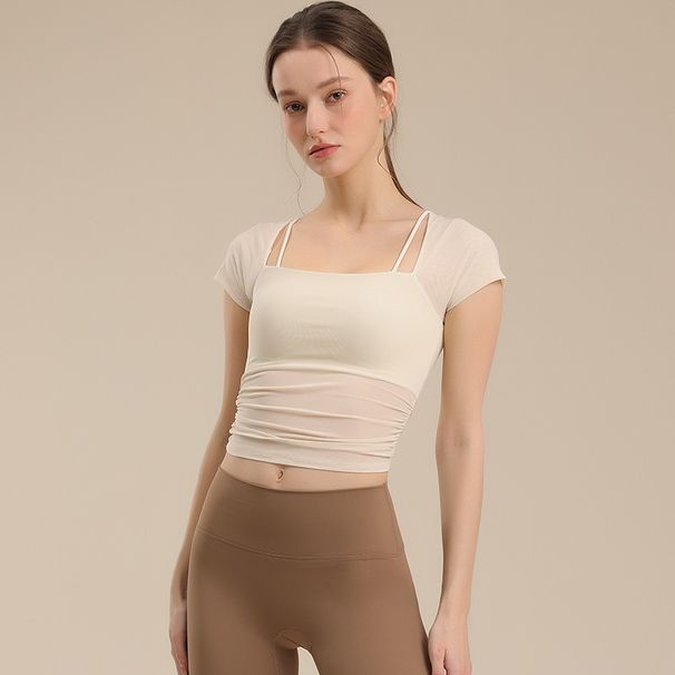 Slim Fit Slimming Two-Piece Mesh Yoga With Chest Pad Integrated Outerwear Sports Top Breathable Waist-Cinching_desvips.com