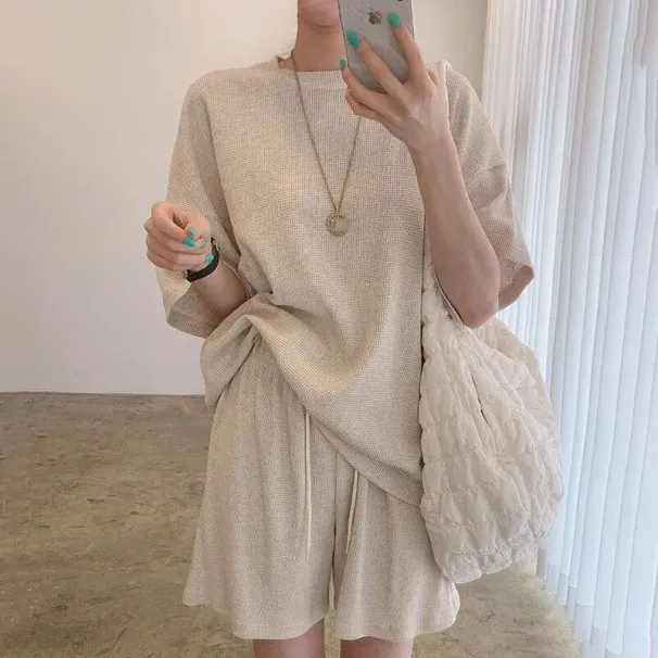 South Korea Chic Summer Minimalist Clothes Women's Suit High Waist Loose Wide Leg Casual Short Sleeve Shorts Two-piece_desvips.com