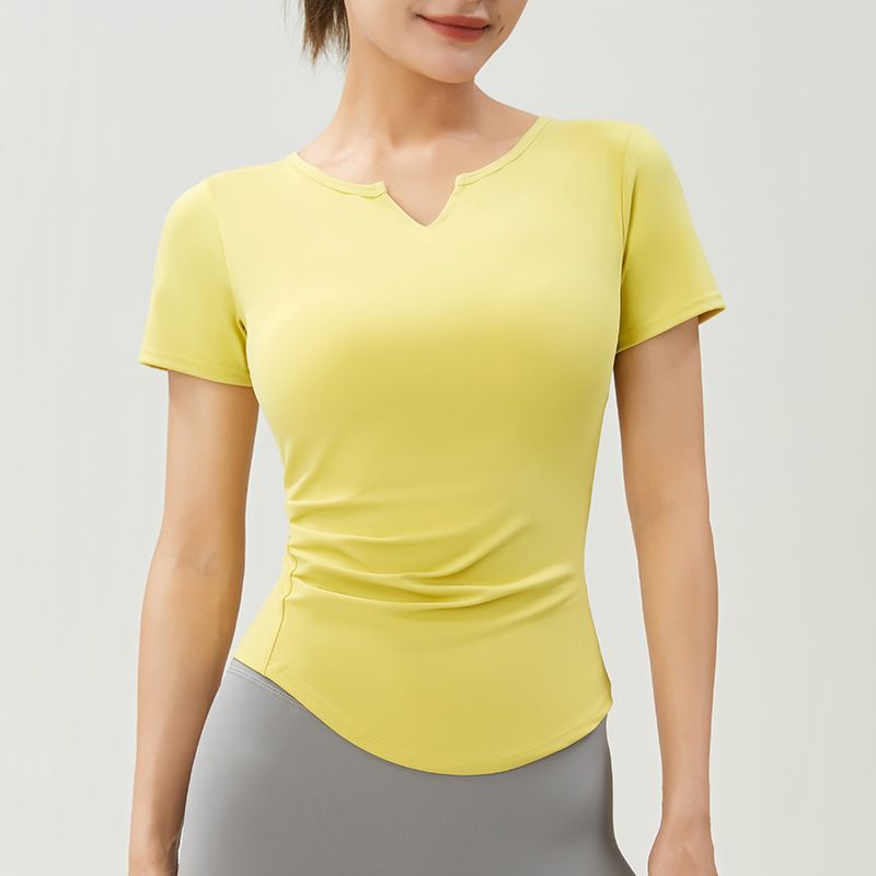 2023 New Model Women's Yoga With Chest Pads, Short Sleeve T-Shirt, V-Neck, Barely-there Feel, Tight-fitting Sports Top_desvips.com