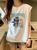 White Sports Vest For Women With Cartoon Print, Loose Design, Niche Sweet Cool Mid-Length Sleeveless T-Shirt Top Chic_desvips.com
