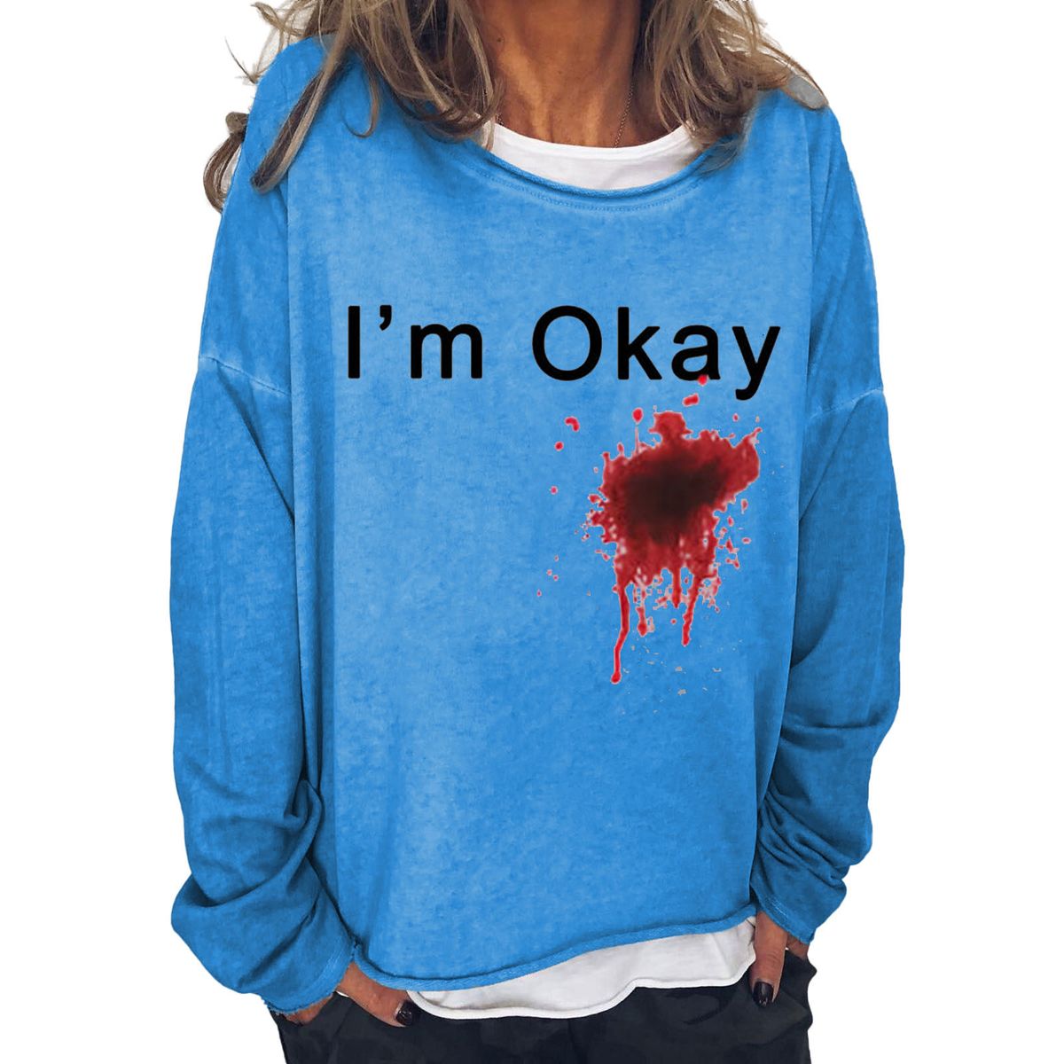 Women's Clothing I'M OKAY printed sweatshirt women's loose bat long sleeve top_desvips.com