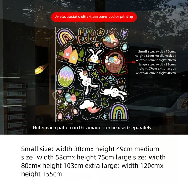 glass Door Stickers, Colorful Eggs, Bunny Decorations, Mall Easter Adhesive-free Electrostatic Window Decals_desvips.com