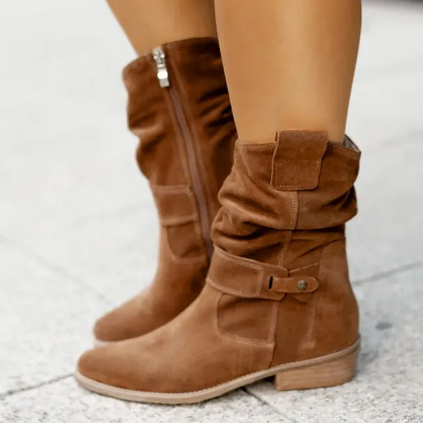 Autumn Winter Artificial Suede Casual Low Heels University Style Shoes Zipper 40-43 Womens Knee High Boots 241116_desvips.com