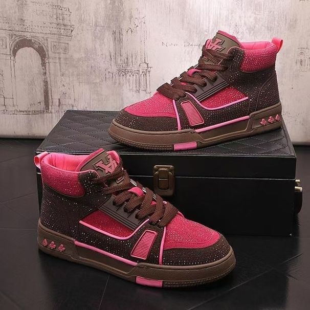 2025 New Brown Pink Rhinestone High-Top Skate Shoes Retro Streetwear Unisex Casual Sneakers_desvips.com